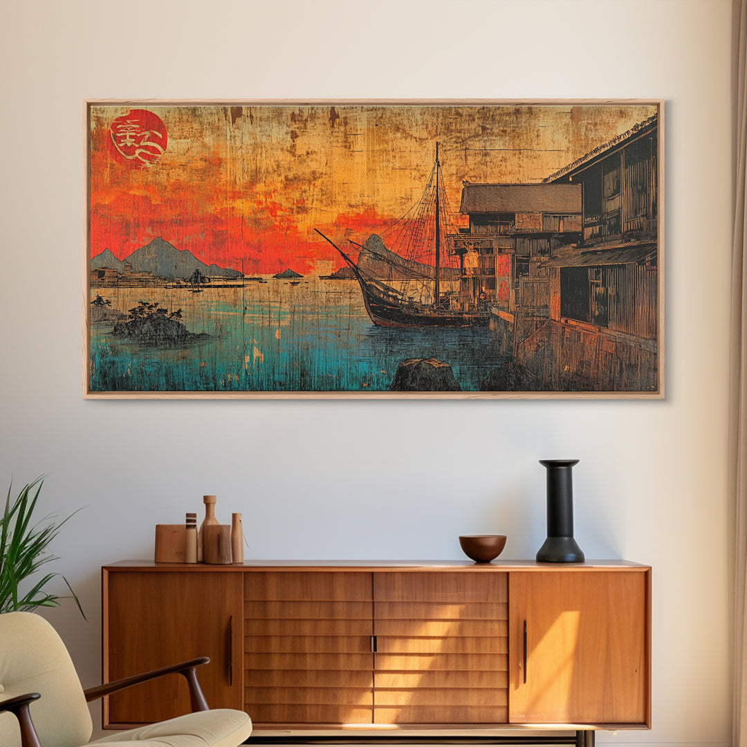 Sunset Harbor Boat Village Canvas Print, Japanese Coastal Wall Art, Nautical Decor, Travel Poster, Living Room Wall Decor