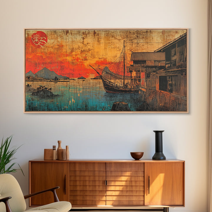 Sunset Harbor Boat Village Canvas Print, Japanese Coastal Wall Art, Nautical Decor, Travel Poster, Living Room Wall Decor