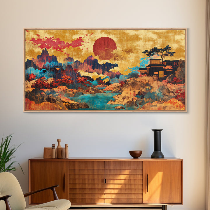 Red Sun Mountain River Wall Art, Japanese Landscape Canvas, Asian Inspired Decor, Panoramic Print, Living Room Decor, Modern Home Decor