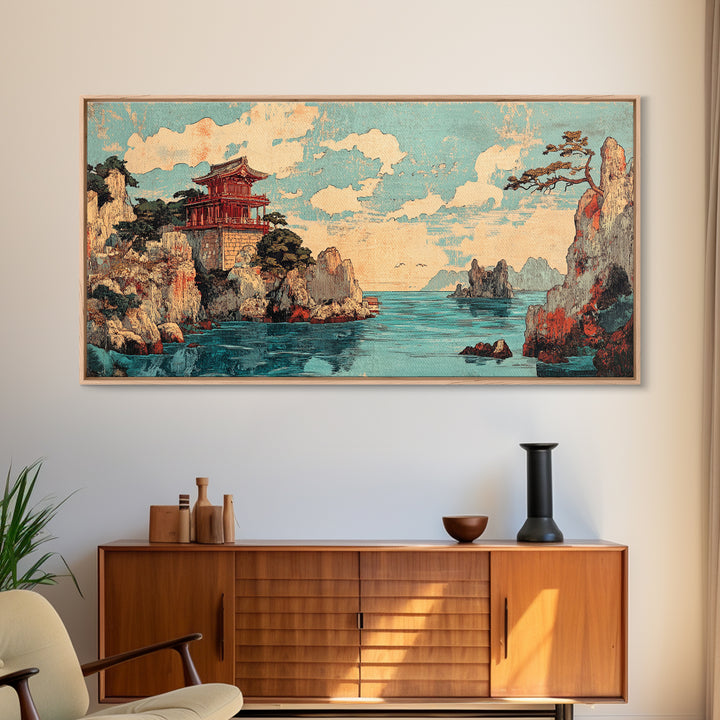 Clifftop Pagoda Ocean Canvas Print, Japanese Coastal Landscape Wall Decor, Asian Inspired Art, Travel Poster, Home Decor Art Print