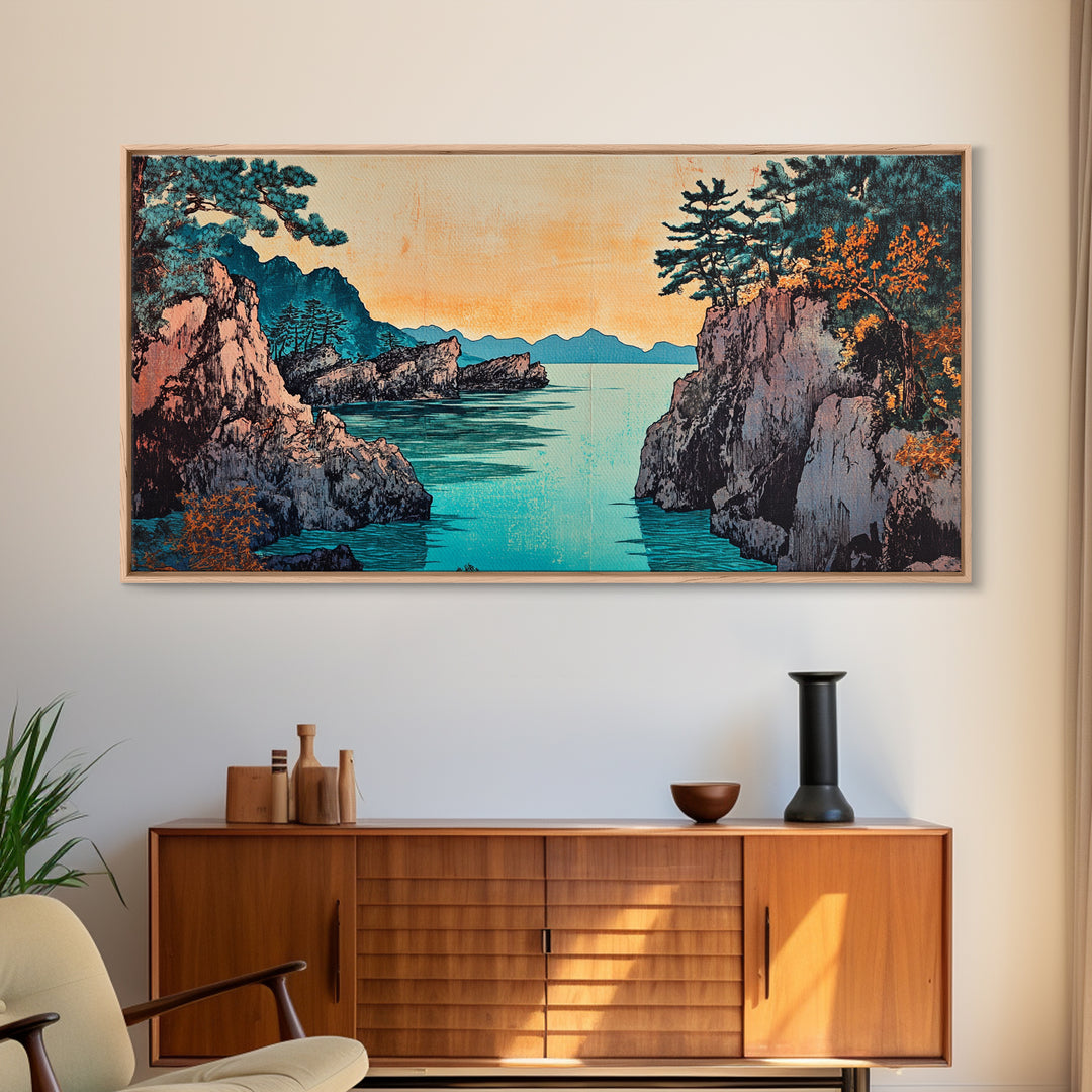 Rocky Pine Sea Inlet Framed Canvas Print, Japanese Coastal Wall Art, Autumn Landscape, Modern Living Room Decor, Home Decor