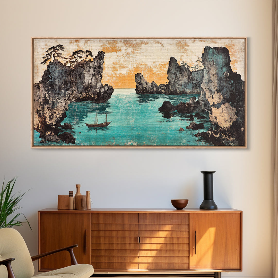 Turquoise Cove And Sailboat Wall Art, Japanese Seascape Print, Coastal Wall Decor, Panoramic Canvas Home Decor, Living Room Decor