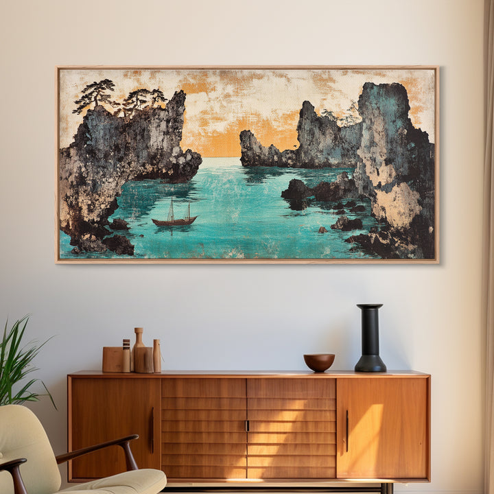 Turquoise Cove And Sailboat Wall Art, Japanese Seascape Print, Coastal Wall Decor, Panoramic Canvas Home Decor, Living Room Decor