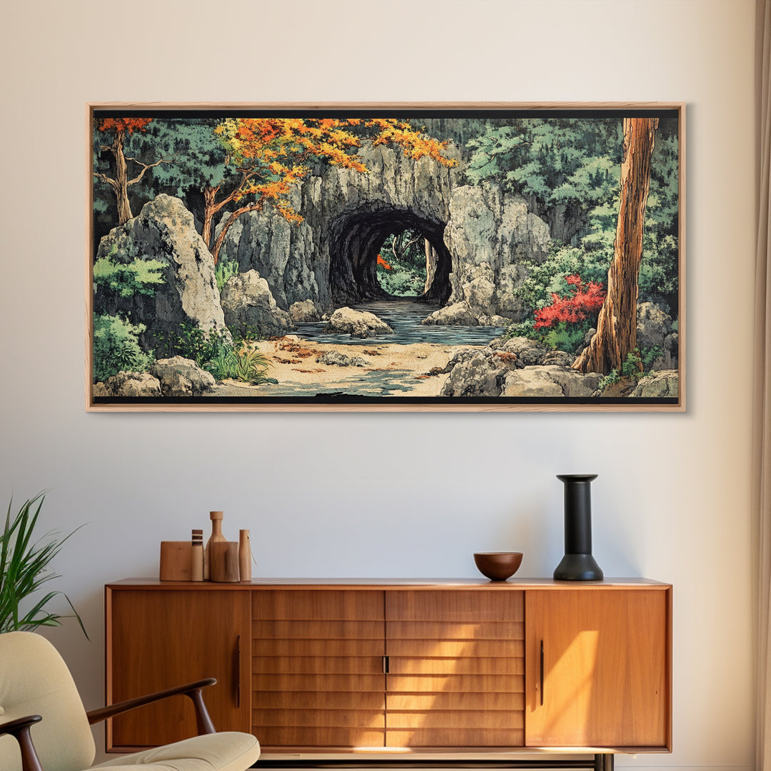 Stone Moon Gate Garden Canvas Print, Japanese Forest Stream Wall Art, Zen Home Decor, Japandi Living Room Wall Decor Art Print