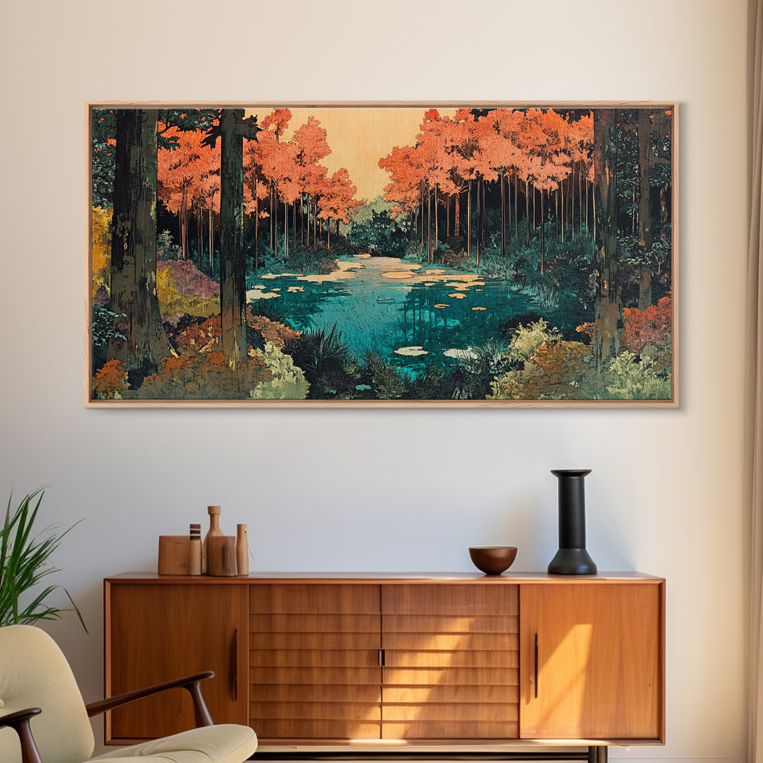 Autumn Forest Pond Canvas Print, Orange Trees And Lily Pads Wall Art, Japandi Nature Decor, Cozy Living Room Decor, Home Decor