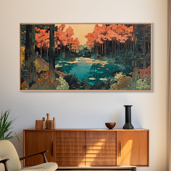 Autumn Forest Pond Canvas Print, Orange Trees And Lily Pads Wall Art, Japandi Nature Decor, Cozy Living Room Decor, Home Decor