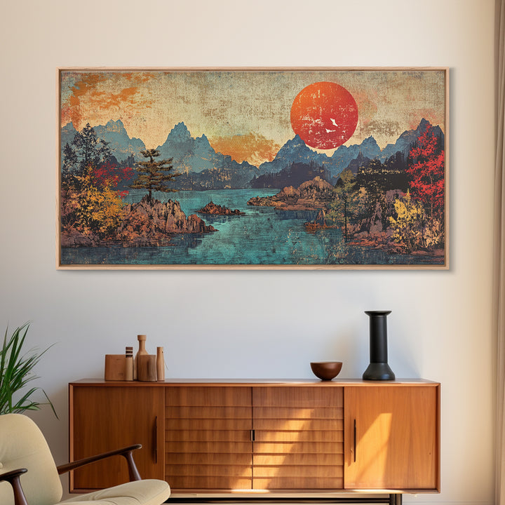 Red Sun Mountain Lake Wall Art, Japanese Landscape Print, Panoramic Canvas, Moody Nature Decor, Living Room Decor, Home Decor