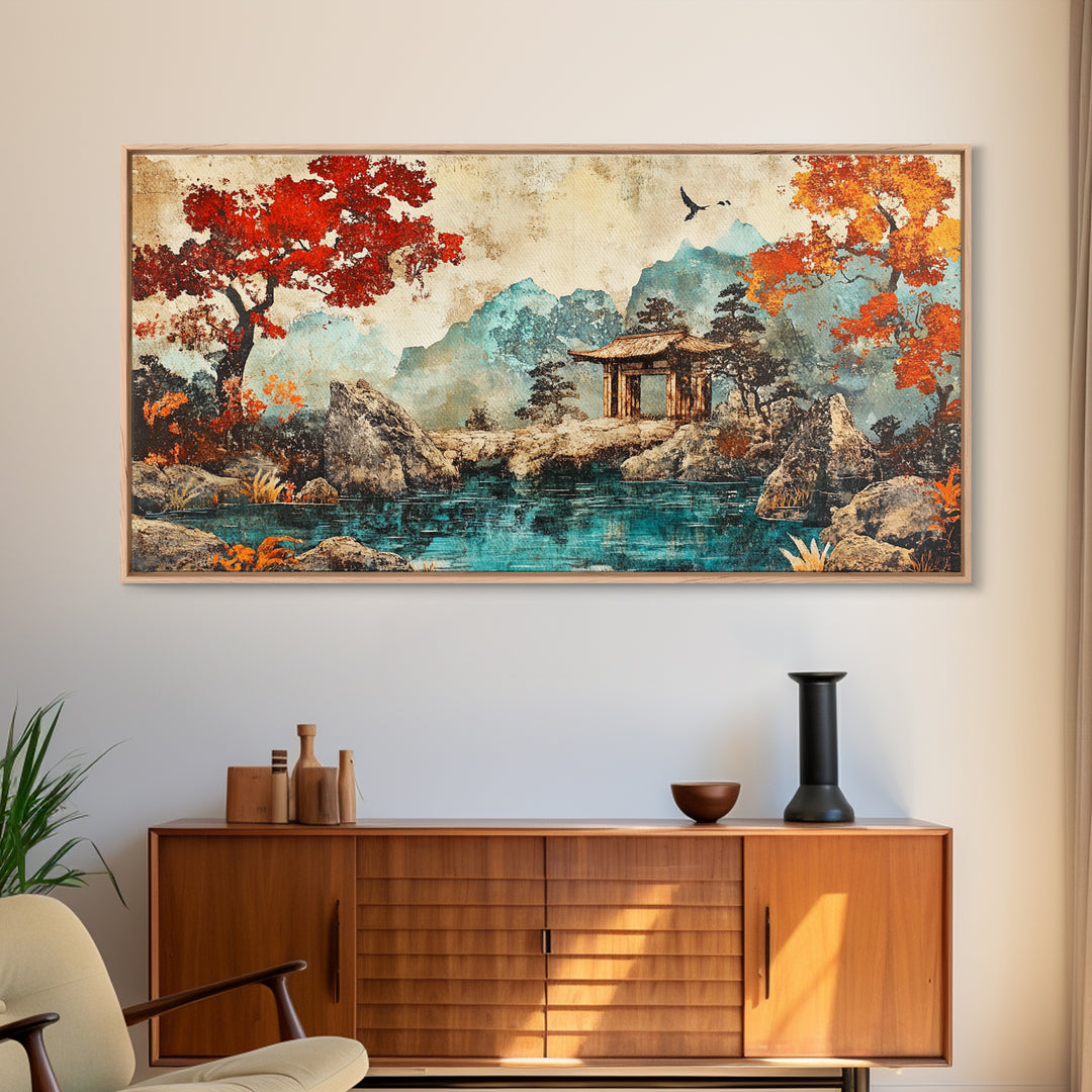 Red Maple Lake Pavilion Framed Canvas Print, Japanese Garden Wall Art, Asian Landscape Decor, Living Room Wall Decor Art Print