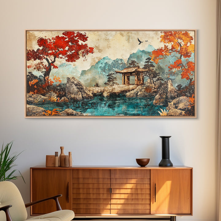 Red Maple Lake Pavilion Framed Canvas Print, Japanese Garden Wall Art, Asian Landscape Decor, Living Room Wall Decor Art Print