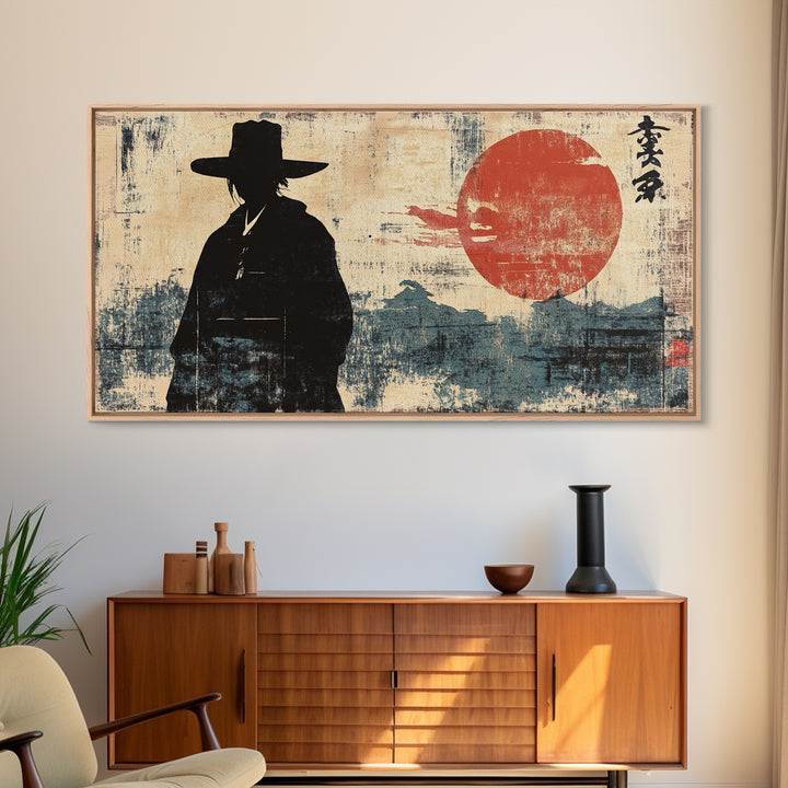 Samurai Silhouette Red Sun Wall Art, Japanese Warrior Print, Asian Inspired Decor, Masculine Office Wall Decor, Home Decor
