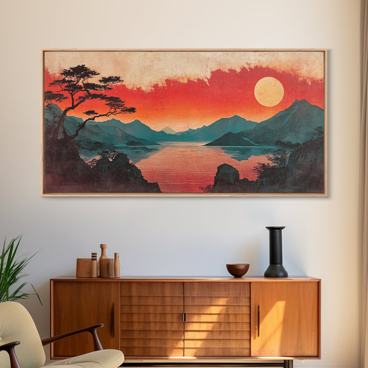 Crimson Sunset Mountain Lake Canvas Print, Japanese Landscape Wall Art, Red Sky Decor, Panoramic Living Room Decor, Home Decor