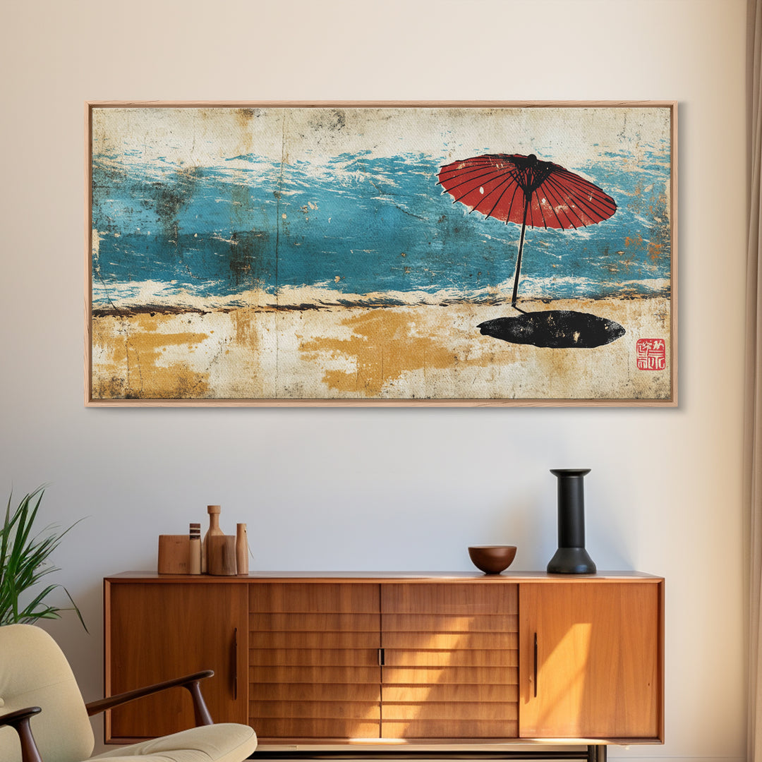 Red Beach Umbrella By Turquoise Waves Wall Art, Japanese Coastal Canvas Print, Beach House Decor, Ocean Wall Decor Gift For Her