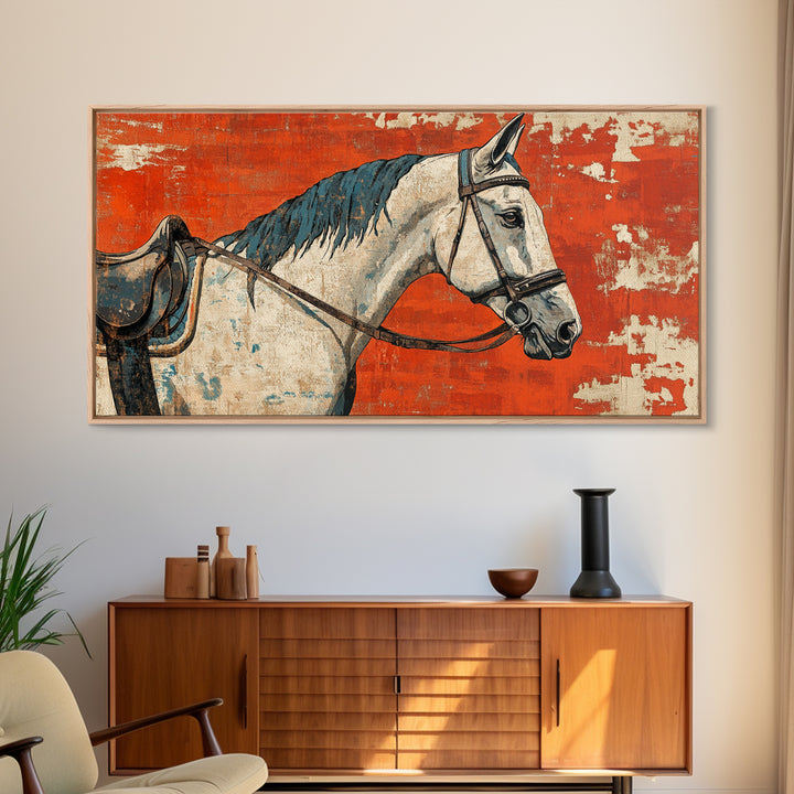 White Horse Portrait On Orange Rustic Wall Art, Western Equestrian Canvas Print, Farmhouse Decor, Horse Lover Gift For Her