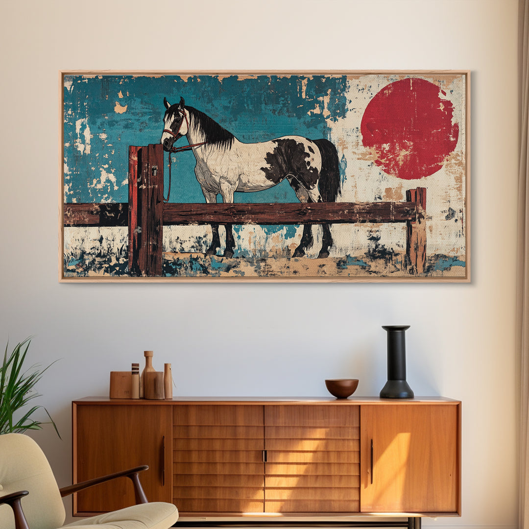 Black And White Paint Horse With Red Sun Wall Art, Western Equestrian Canvas Print, Rustic Farmhouse Decor, Horse Lover Gift