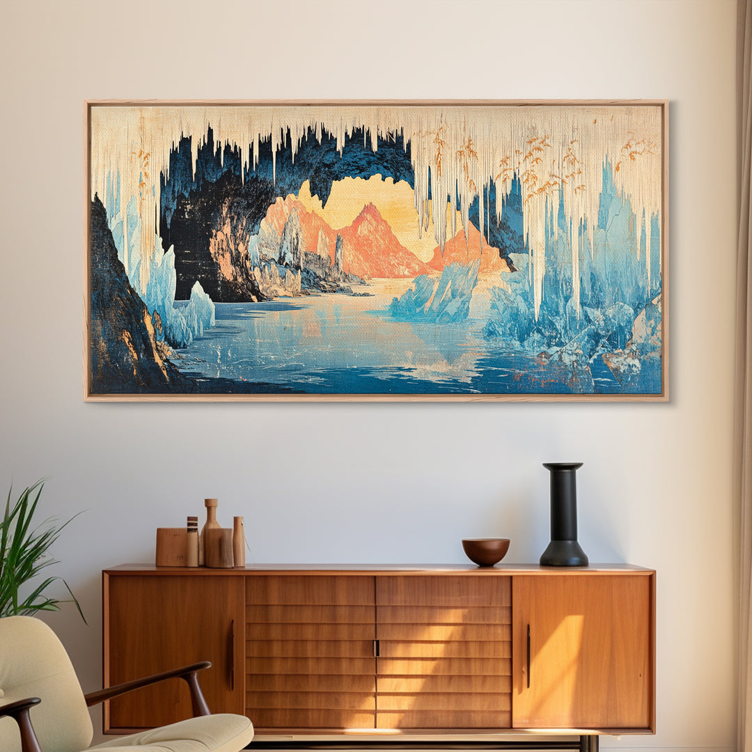 Glowing Ice Cave With Frozen Lake Wall Art, Arctic Landscape Canvas Print, Blue Mountain Decor, Fantasy Nature Art Gift Idea