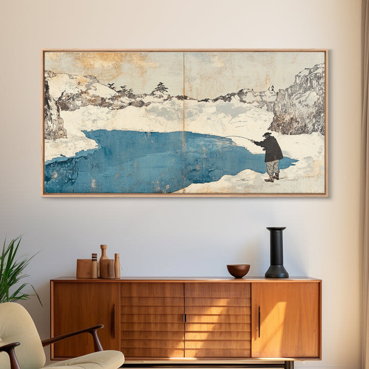 Lone Traveler Beside Snowy Blue Lake Wall Art, Japanese Landscape Canvas Print, Minimalist Winter Decor, Zen Home Decor Gift