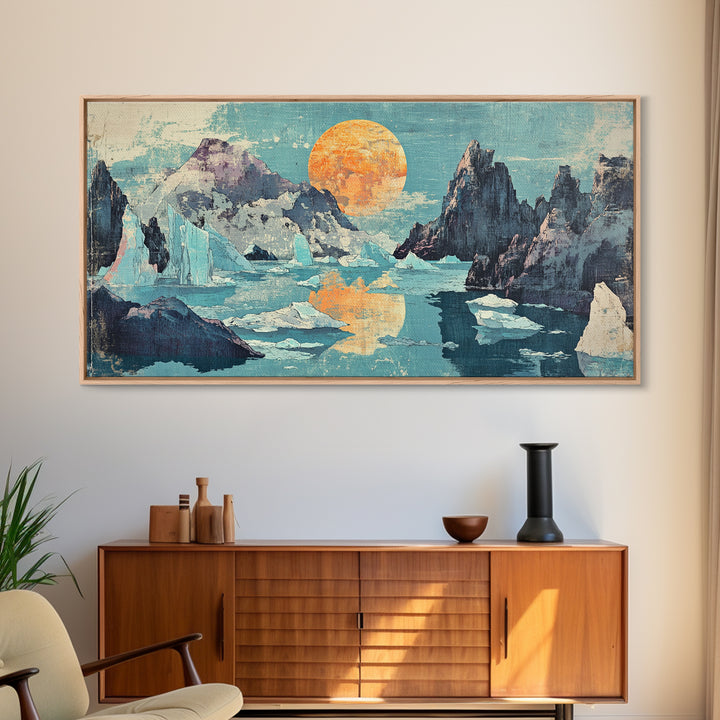 Orange Sun Over Icy Mountain Lake Wall Art, Abstract Landscape Canvas Print, Japandi Coastal Decor, Large Living Room Art