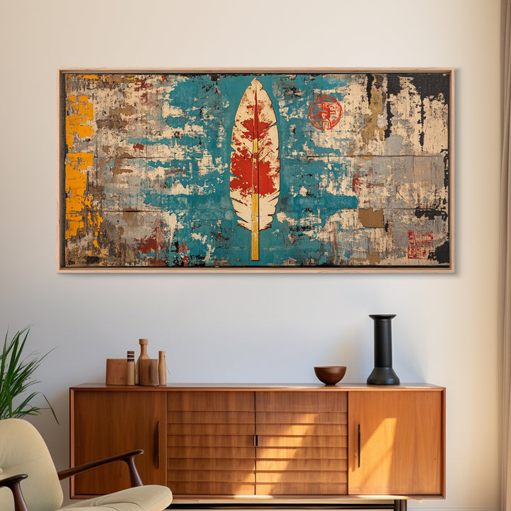 Red Feather On Turquoise Distressed Wall Art, Tribal Boho Canvas Print, Rustic Southwestern Decor, Unique Wall Decor Gift