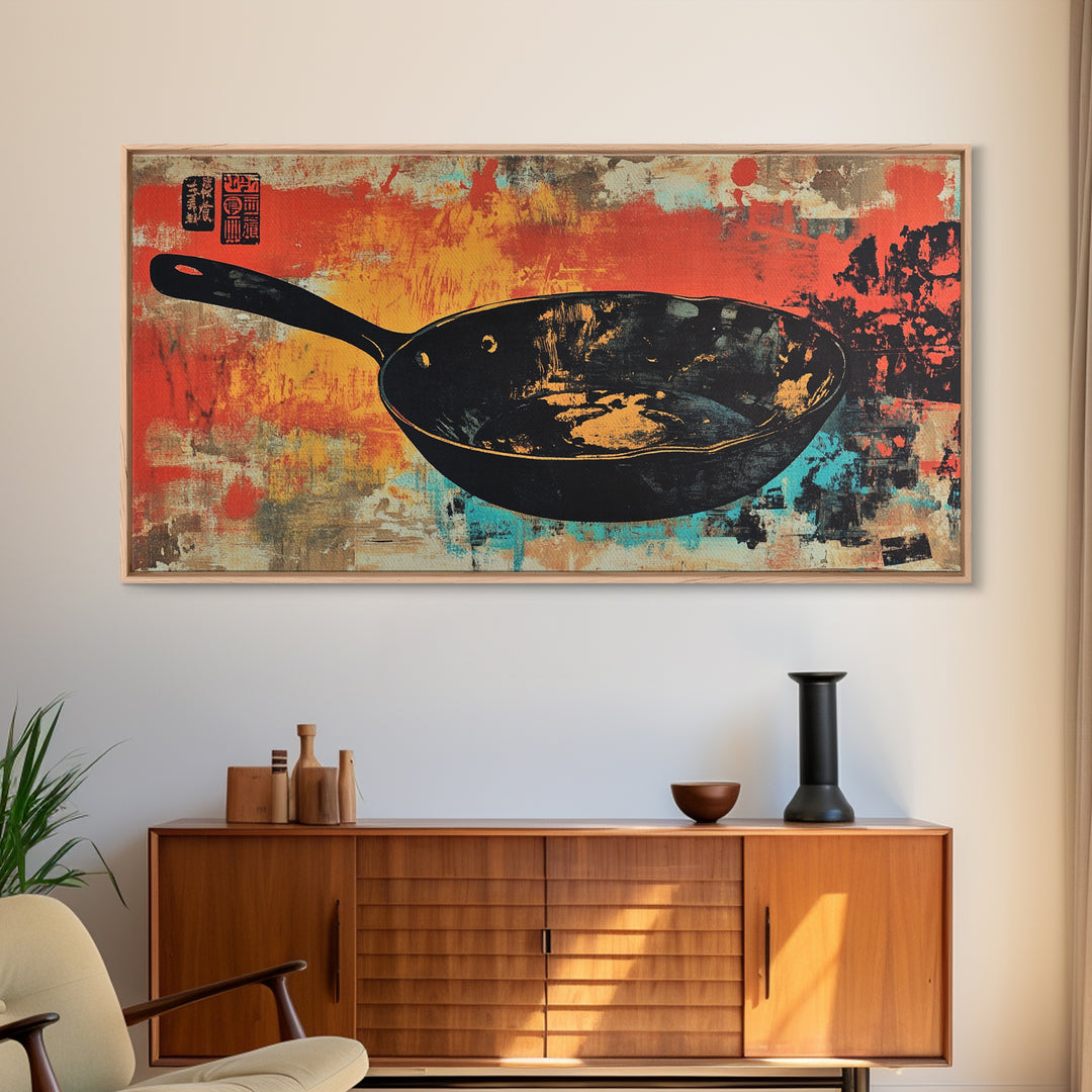 Black Wok Pan On Red Teal Background Wall Art, Kitchen Canvas Print, Rustic Food Decor, Dining Room Wall Decor Gift For Chef