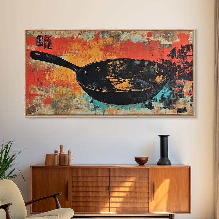 Black Wok Pan On Red Teal Background Wall Art, Kitchen Canvas Print, Rustic Food Decor, Dining Room Wall Decor Gift For Chef