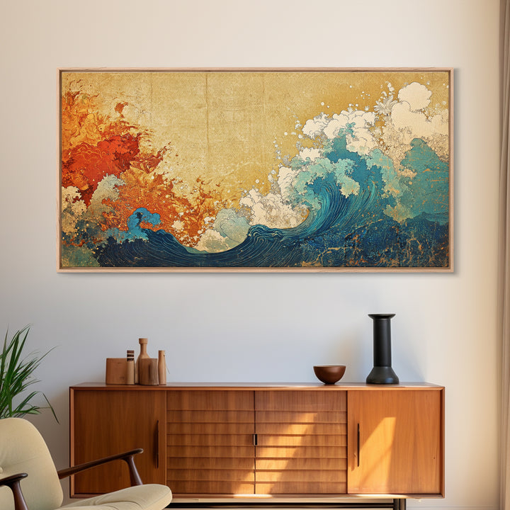Fiery Orange And Blue Japanese Wave Canvas Print, Ocean Wall Art, Abstract Seascape For Coastal Home Decor And Living Room Decor