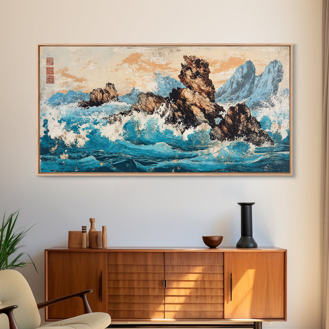 Rocky Blue Ocean Cliffs In Japanese Style Framed Canvas Print, Seascape Wall Art For Coastal Decor And Nautical Home Decor