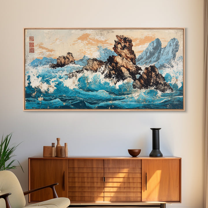 Rocky Blue Ocean Cliffs In Japanese Style Framed Canvas Print, Seascape Wall Art For Coastal Decor And Nautical Home Decor