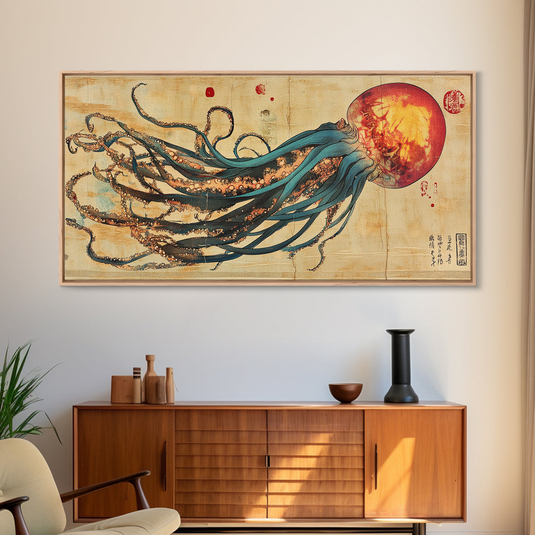 Giant Squid With Red Sun Japanese Wall Art, Octopus Canvas Print For Marine Life Decor, Coastal Statement Artwork For Living Room Decor