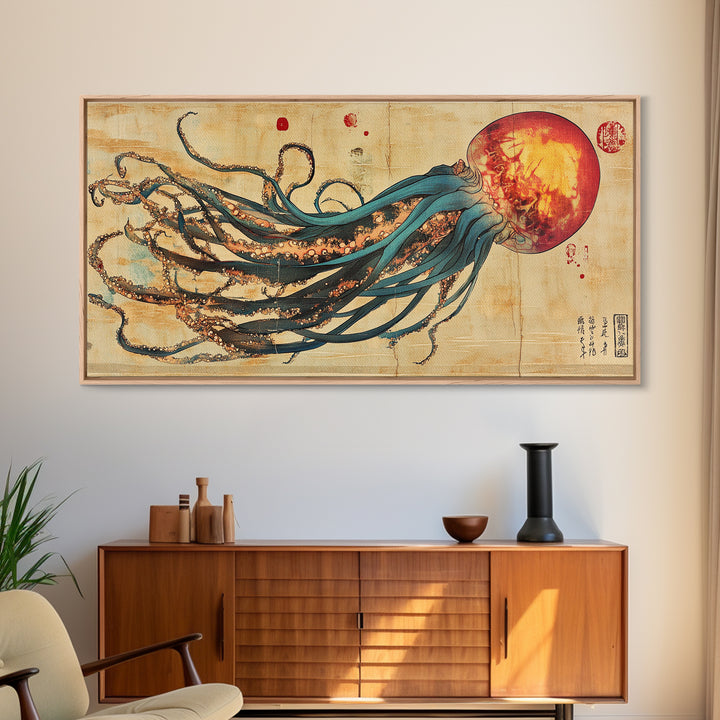 Giant Squid With Red Sun Japanese Wall Art, Octopus Canvas Print For Marine Life Decor, Coastal Statement Artwork For Living Room Decor