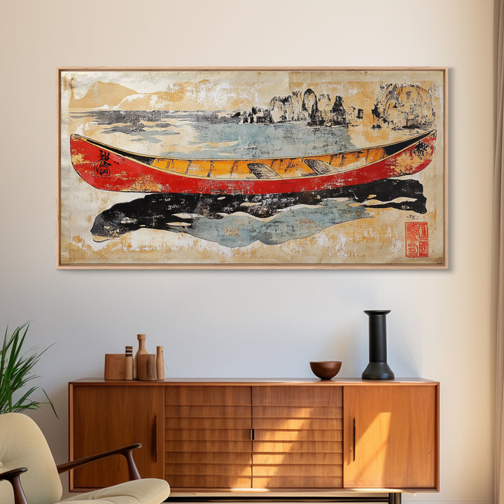 Red And Yellow Canoe On Rugged Shore Framed Canvas Print, Nautical Wall Art For Lake House Decor And Coastal Home Decor Art