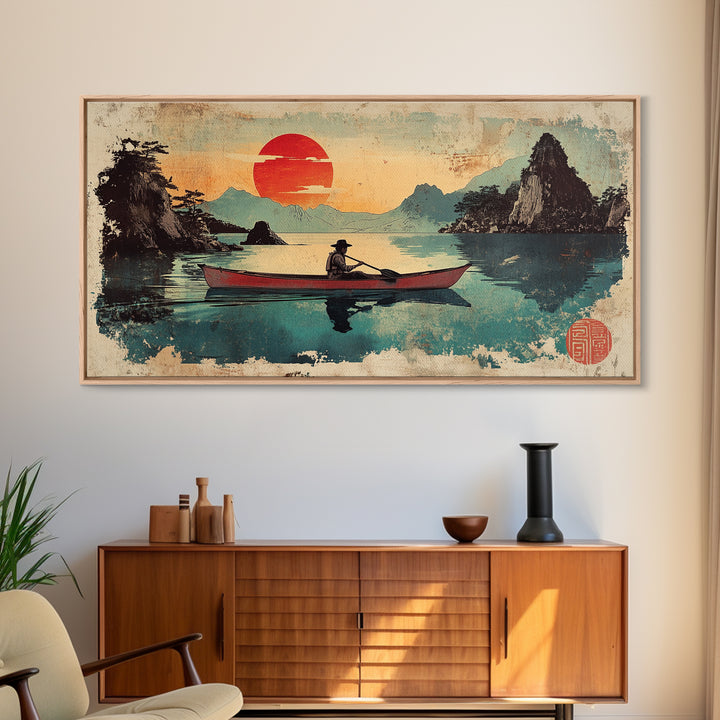 Fisherman Rowboat On Misty Mountain Lake Wall Art, Japanese Landscape Canvas Print For Zen Home Decor And Living Room Decor
