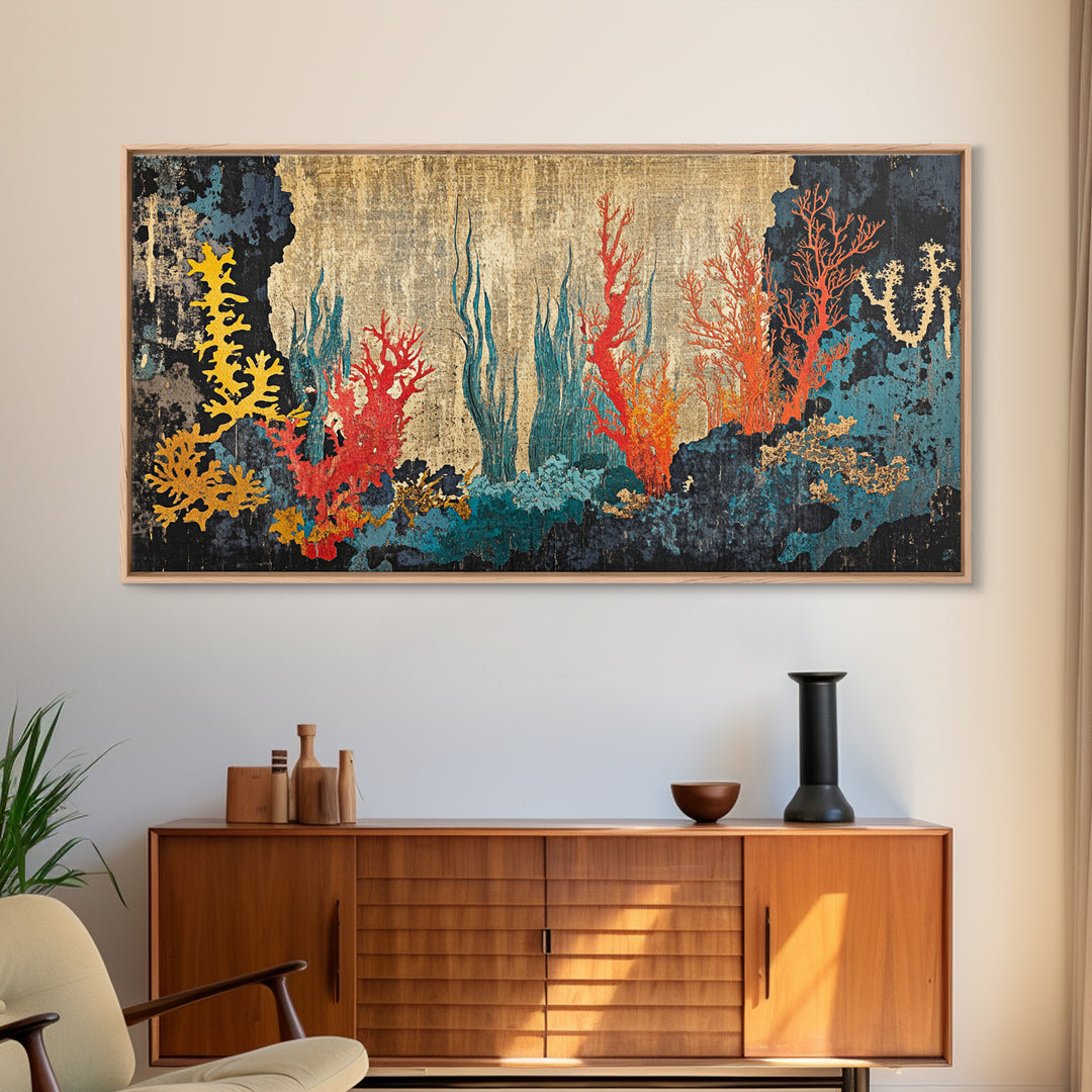 Vibrant Coral Reef Underwater Scene Framed Canvas Print, Ocean Wall Art For Coastal Decor, Marine Life And Beach House Decor