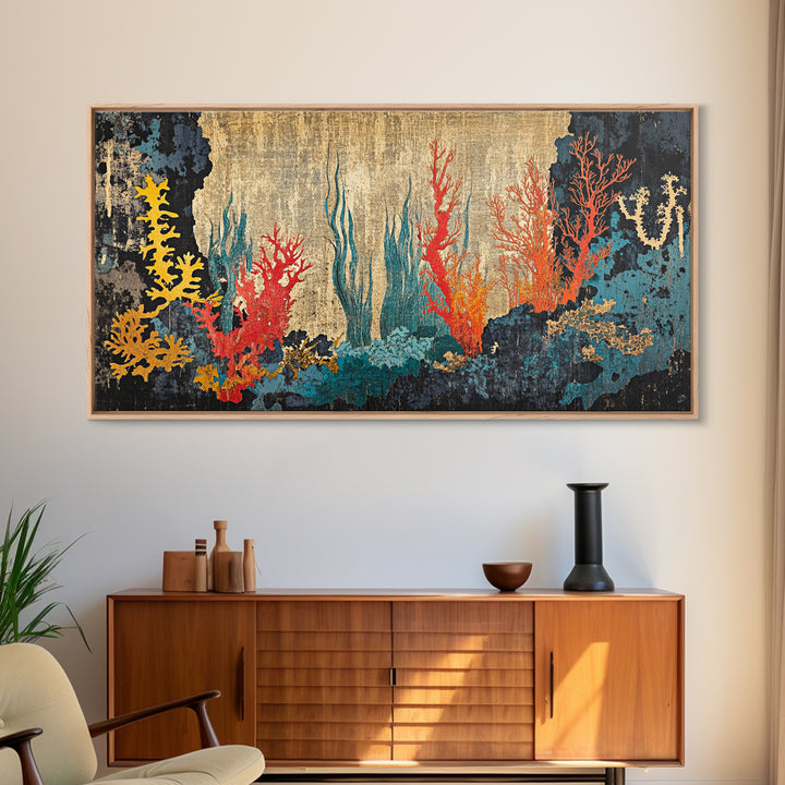 Vibrant Coral Reef Underwater Scene Framed Canvas Print, Ocean Wall Art For Coastal Decor, Marine Life And Beach House Decor