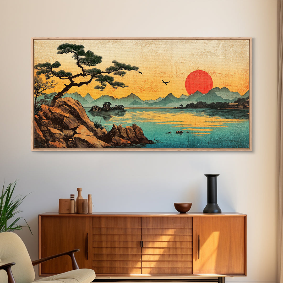 Pine Tree Sunset Over Mountain Lake Wall Art, Japanese Landscape Canvas Print For Zen Decor And Coastal Living Room Decor