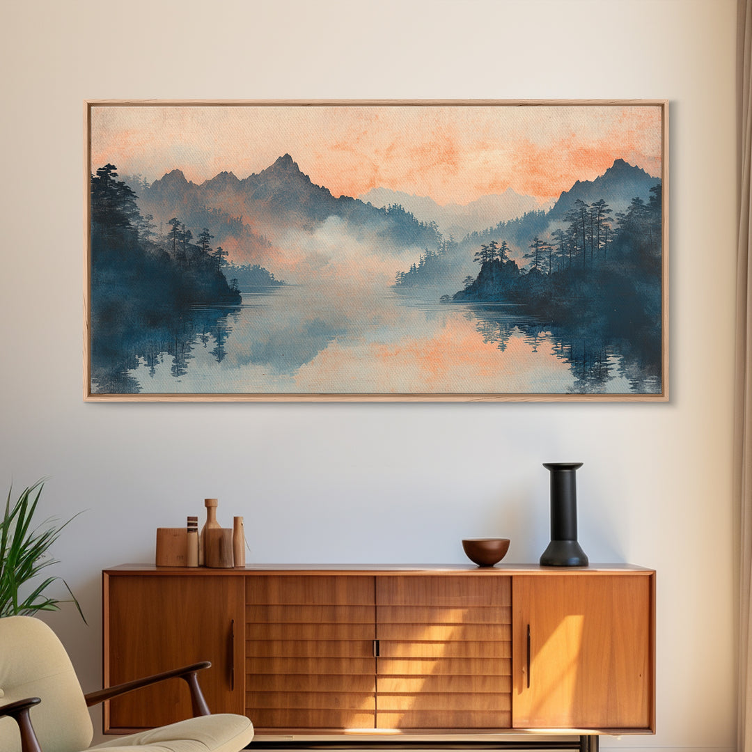Misty Mountain Lake Sunrise Wall Art, Japanese Landscape Art Print, Serene Nature Decor, Large Horizontal Living Room Decor