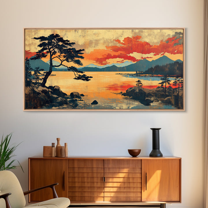 Orange Sunset Pine Lake Wall Art, Japanese Woodblock Landscape Print, Rustic Cabin Decor, Large Nature Art For Living Room
