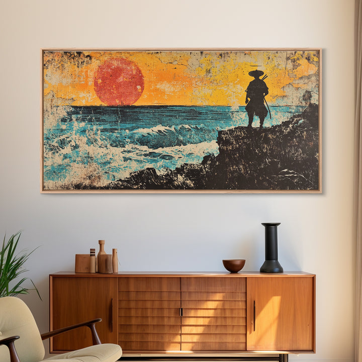 Samurai Ocean Sunset Framed Canvas Print, Japanese Warrior Wall Art, Coastal Seascape Decor, Bold Gift For Him, Man Cave Decor