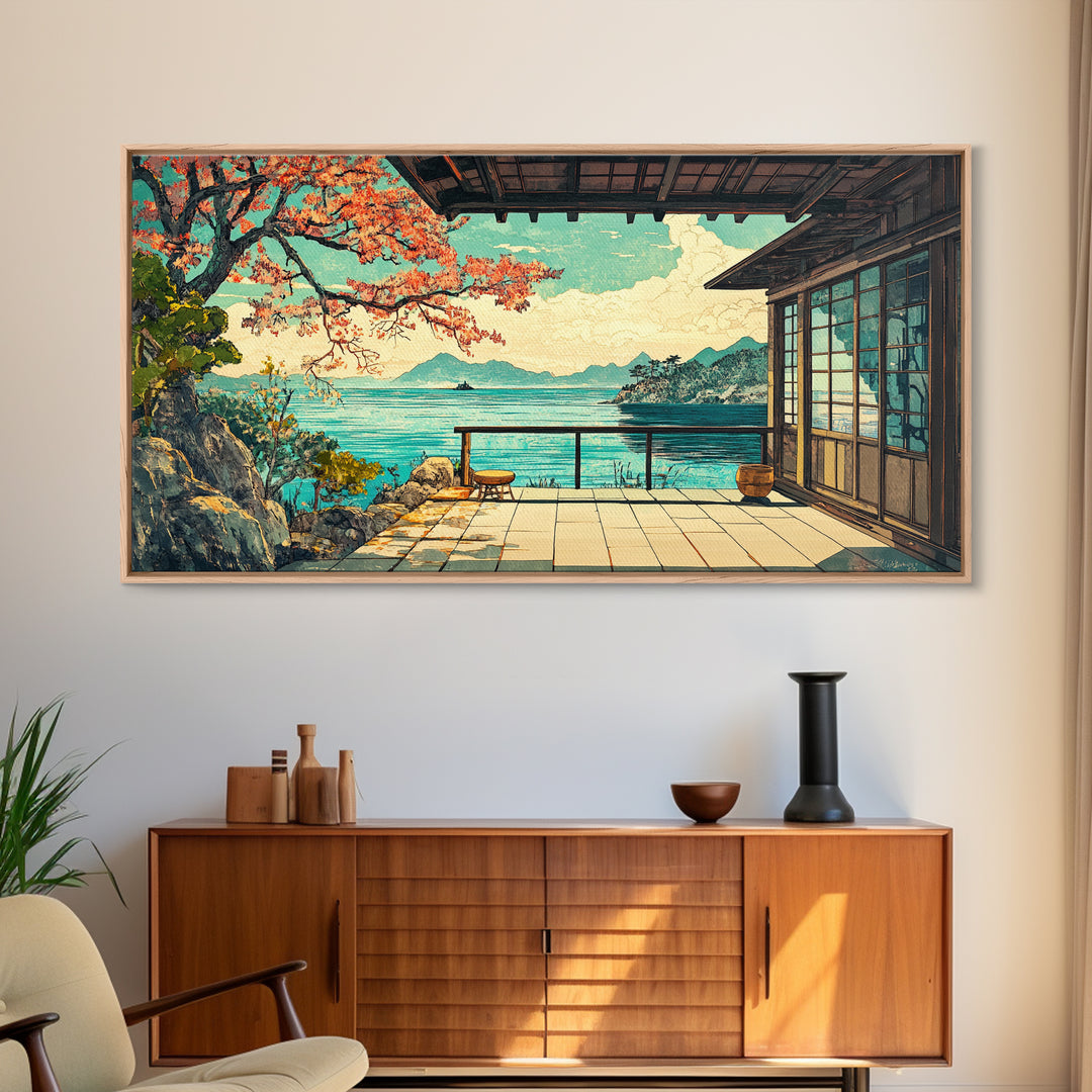 Japanese Seaside Veranda Canvas Print, Turquoise Ocean Wall Art, Zen Coastal Home Decor, Japandi Living Room Wall Decor Art