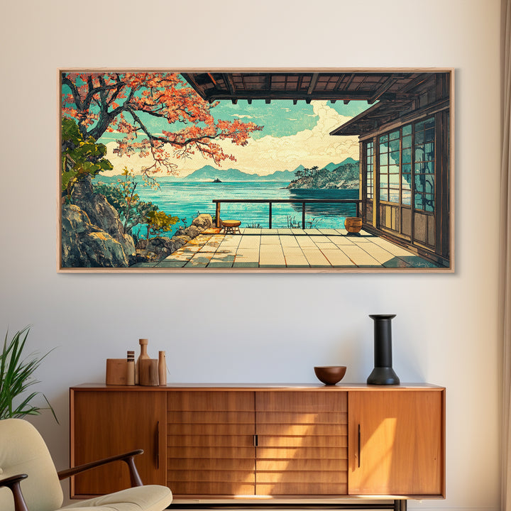 Japanese Seaside Veranda Canvas Print, Turquoise Ocean Wall Art, Zen Coastal Home Decor, Japandi Living Room Wall Decor Art