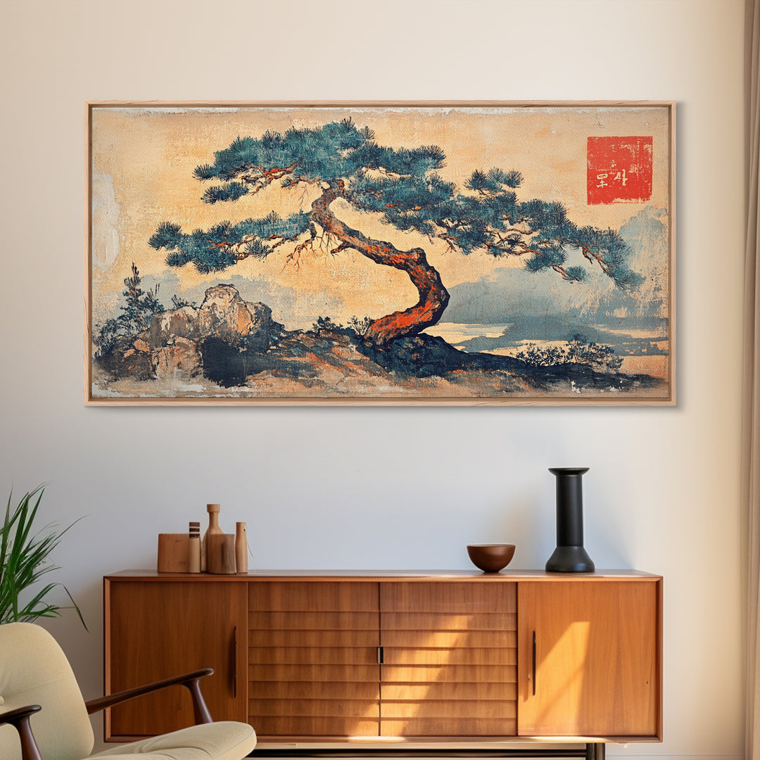 Windswept Pine Tree Wall Art, Japanese Ink Landscape Print, Zen Nature Decor, Minimalist Coastal Framed Canvas Print, Serene Home Decor