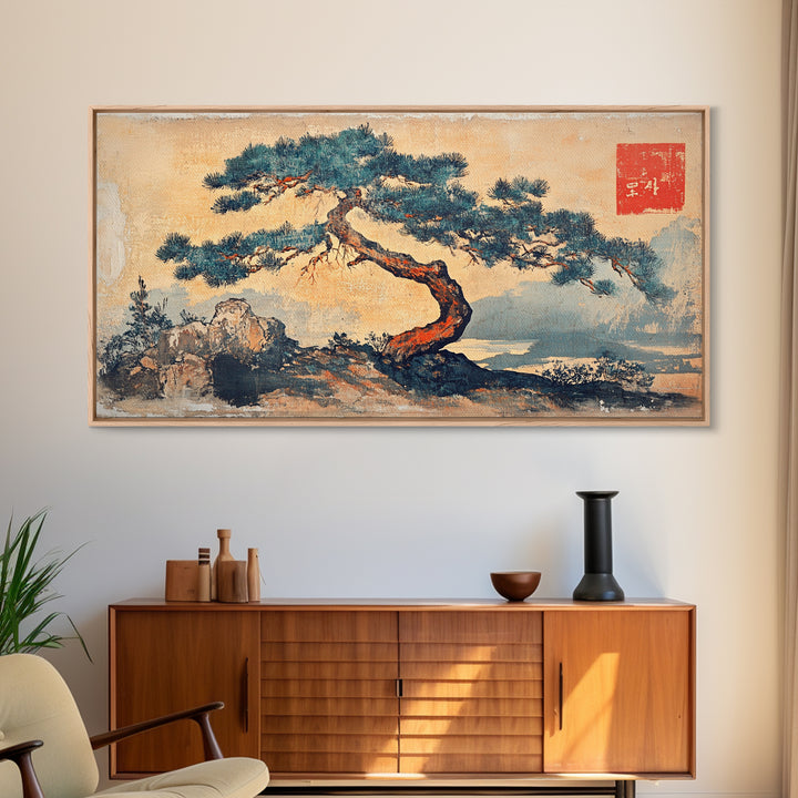 Windswept Pine Tree Wall Art, Japanese Ink Landscape Print, Zen Nature Decor, Minimalist Coastal Framed Canvas Print, Serene Home Decor