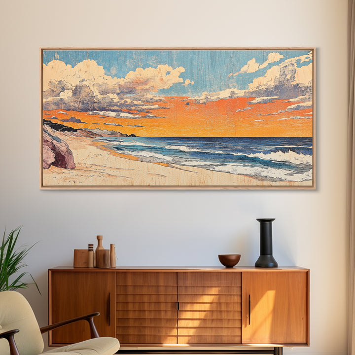 Pastel Ocean Beach Sunset Canvas Print, Coastal Wall Art, Nautical Seascape Decor, Beach House Living Room Wall Decor Print