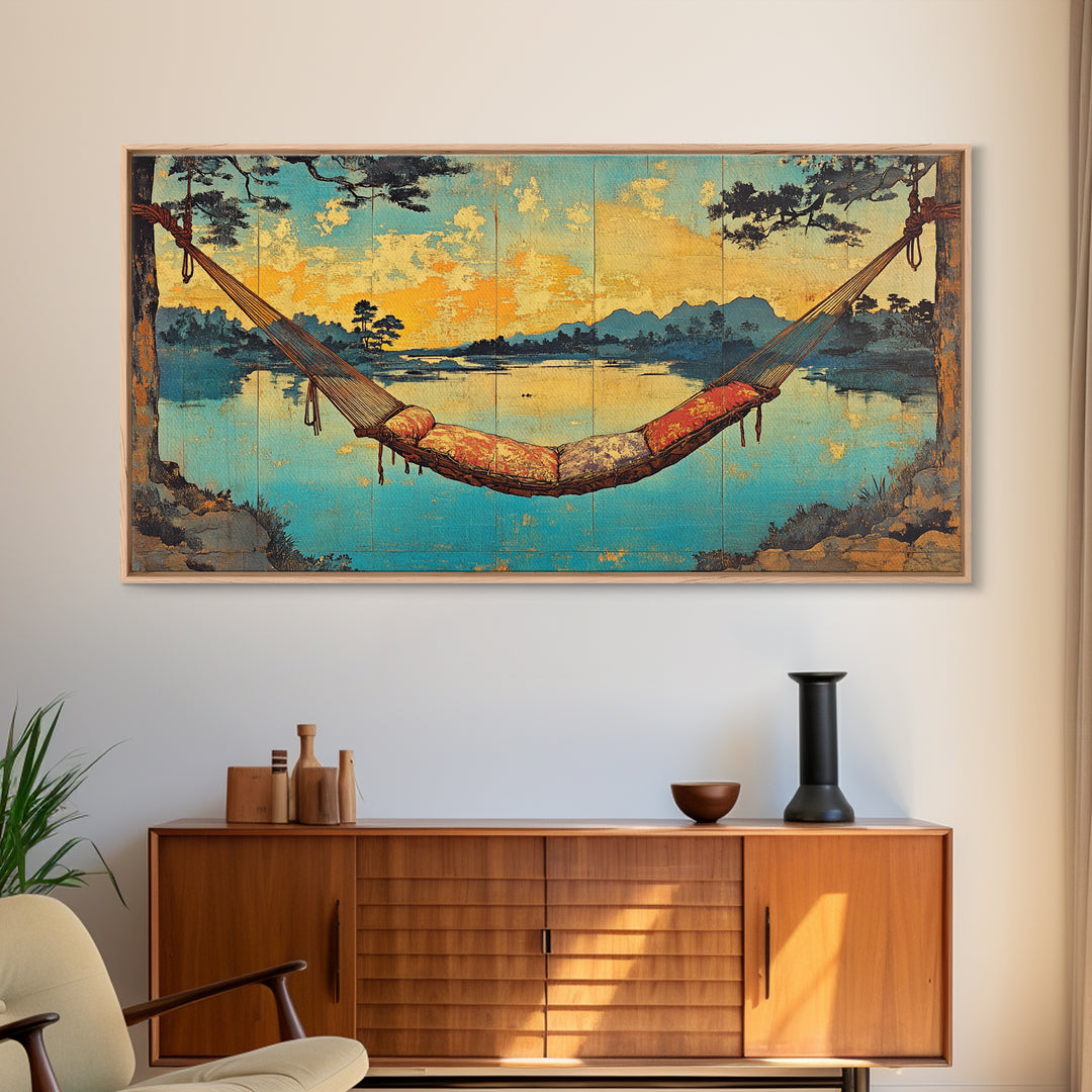 Lakeside Hammock Sunset Wall Art, Cozy Cabin Landscape Print, Relaxing Nature Decor, Large Horizontal Canvas Print, Lake House Decor