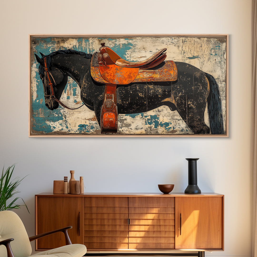 Black Horse With Orange Western Saddle Wall Art, Rustic Ranch Decor, Equestrian Art Print, Cowboy Living Room Decor Gift