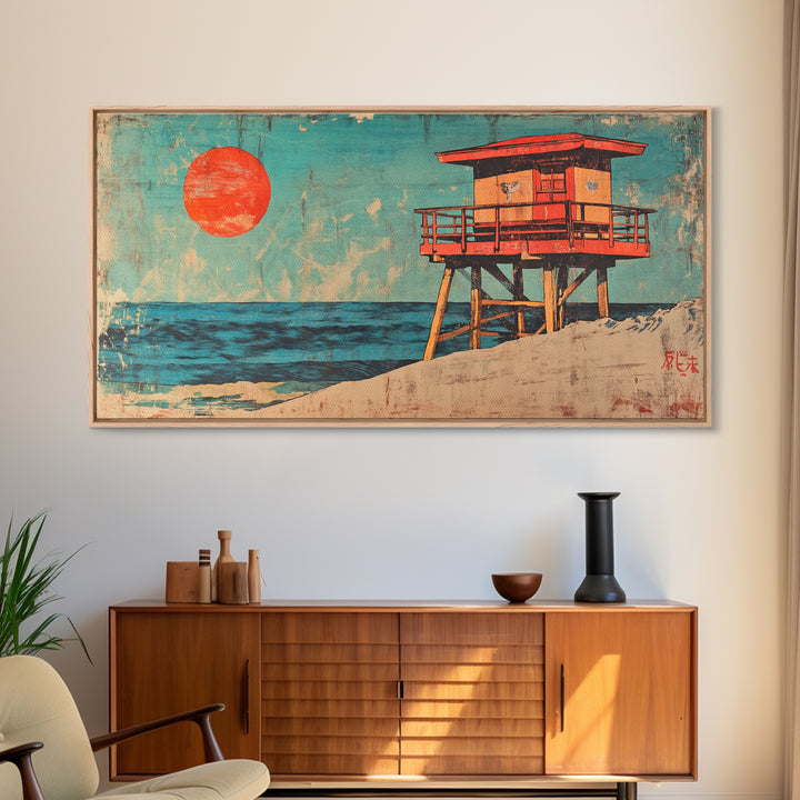 Red Lifeguard Tower Beside Blue Ocean Canvas Print, Coastal Wall Art, Beach House Decor, Retro Travel Poster Print For Home