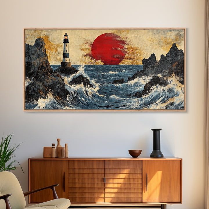 Rocky Lighthouse Sunset With Dramatic Waves Wall Art, Coastal Seascape, Nautical Decor, Large Framed Canvas Print For Living Room