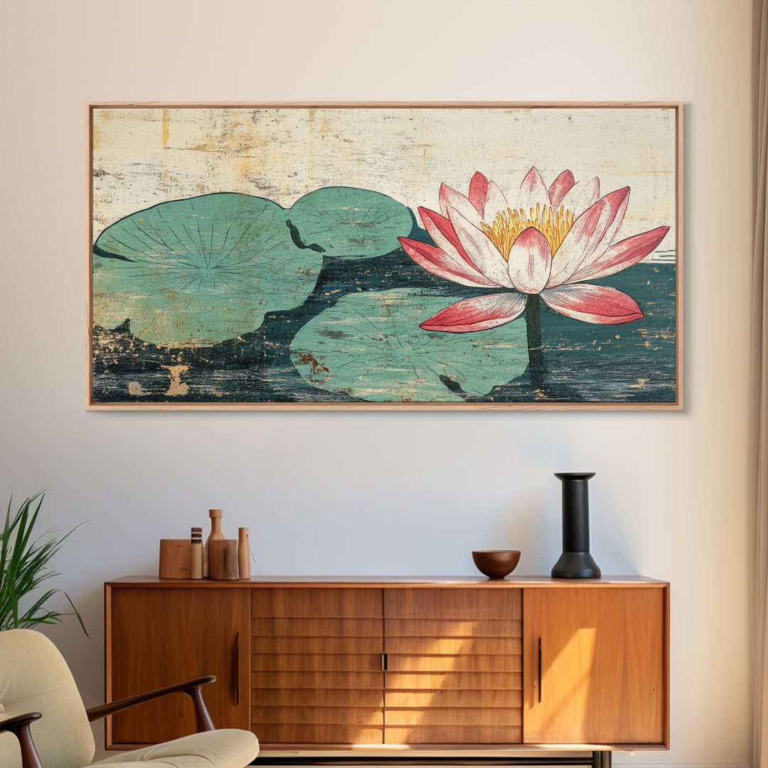 Pink Lotus Blossom And Lily Pads Canvas Print, Zen Wall Art, Botanical Wall Decor, Japandi Bathroom Art, Spa Decor Print