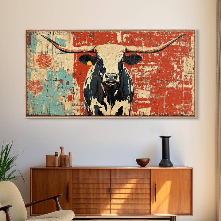 Black And White Longhorn Cow Framed Canvas Print, Rustic Western Wall Art, Farmhouse Ranch Decor, Cowgirl Home Decor Gift
