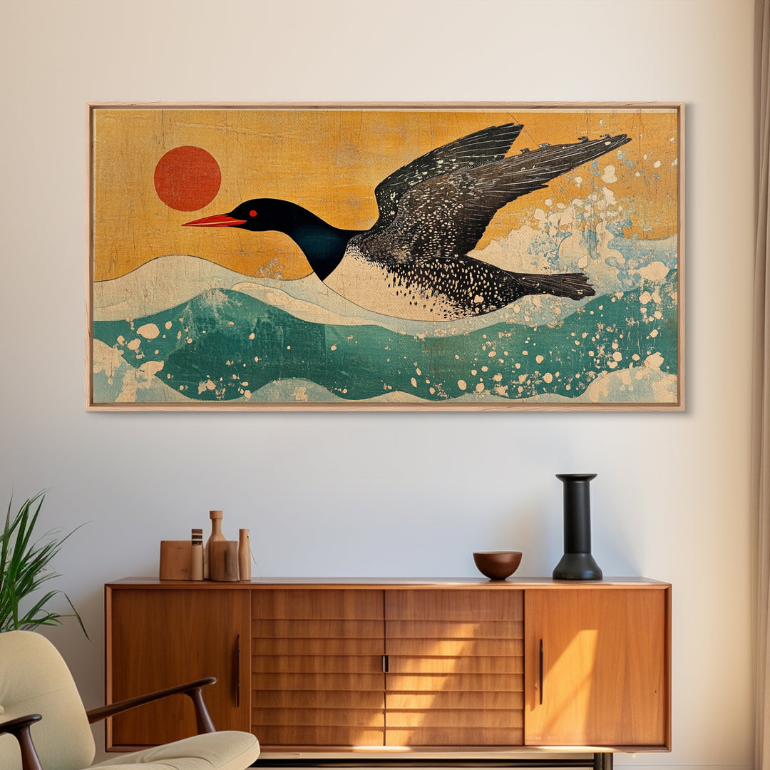 Black Loon Bird Canvas Print, Japanese Coastal Wall Art, Lake House Decor, Nautical Wildlife Art Print For Bird Lovers Gift