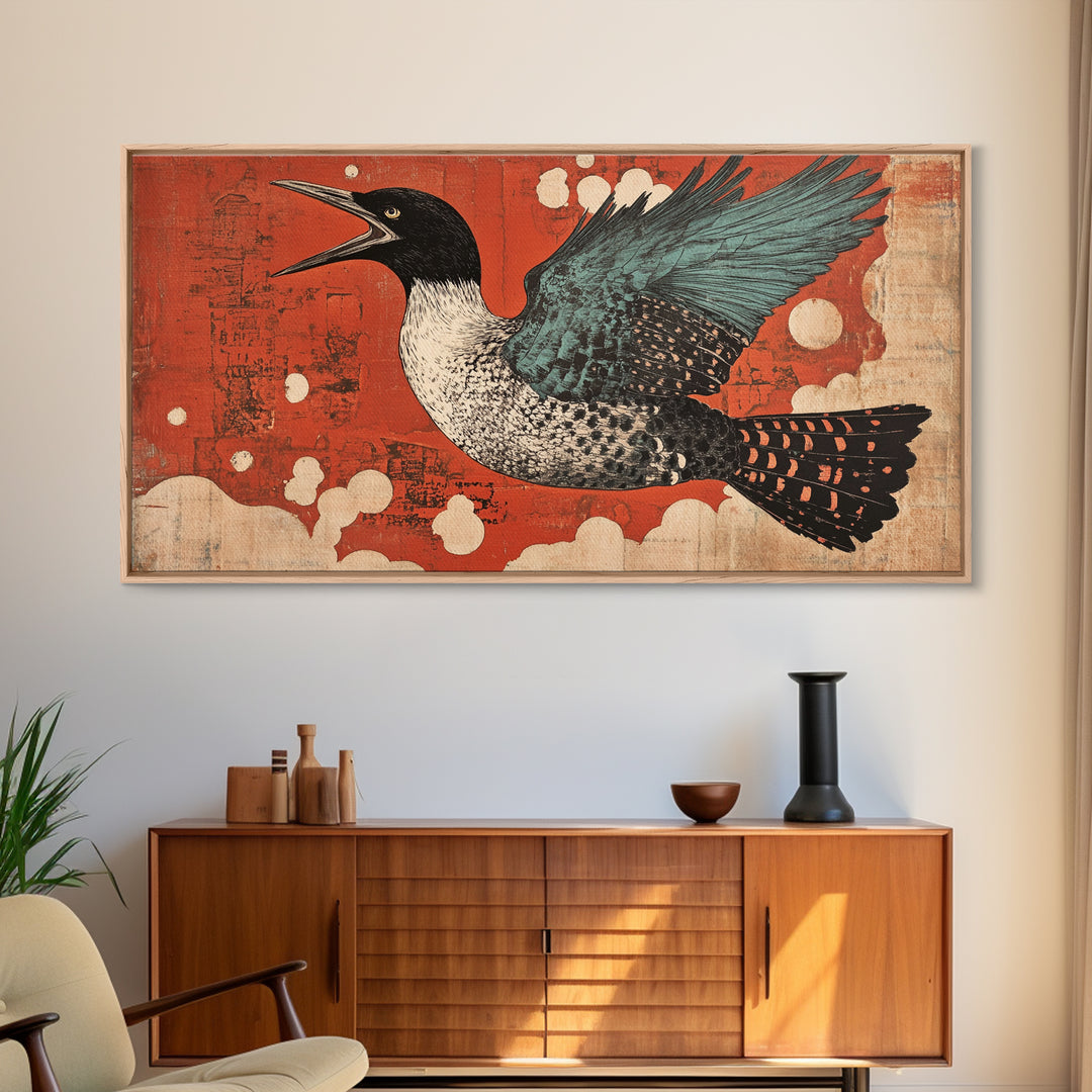 Speckled Sea Bird Framed Canvas Print, Japanese Wildlife Wall Art, Rustic Coastal Decor, Teal Wings Red Sky Print For Home Decor